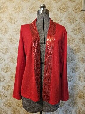 Notations Lrg Seqined Scarlet Red Cardigan